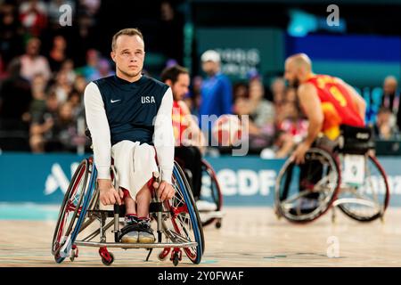 PARIGI, FRANKREICH 29. Agosto - Rollstuhlbasketball USA - Spanien Herren Paris 2024 Paralimpiadi AM 29.08.2024 nella der Bercy Arena di Parigi Frankreich. John Boie (Stati Uniti, 33) Foto Stock