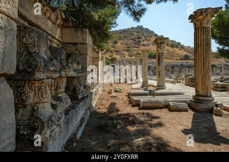 Selcúk, Turchia - 30 agosto 2024: La bassa Agorà tra le rovine dell'antica città di Efeso a Selcók, Turchia. Foto Stock