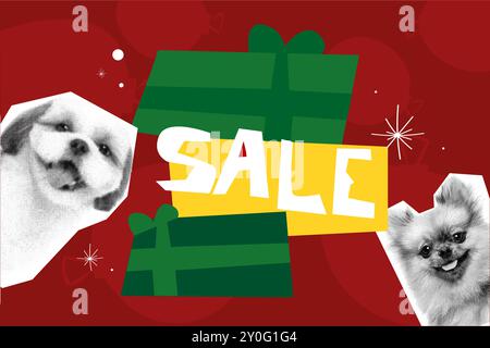 Due adorabili cani, Shih Tzu e Pomerania, incorniciati da scatole regalo natalizie e VENDITA di parole in vibrante sfondo rosso e verde. Illustrazione vettoriale. Illustrazione Vettoriale