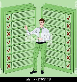 Uomo che ricerca i risultati del sondaggio per identificare e comprendere i problemi durante il processo decisionale. Concetto di business. Illustrazione vettoriale. Illustrazione Vettoriale