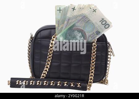 Borsa trapuntata nera con banconote polacche Foto Stock