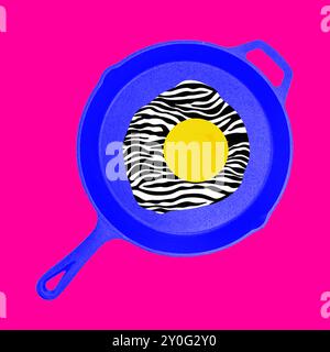 Collage d'arte contemporanea. Collage d'arte moderna. Padella con uova fritte, stampa zebra con albume d'uovo. Foto Stock