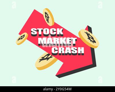 Crollo del mercato azionario. Freccia rossa in basso 3D e monete 3D con simbolo bitcoin. Crash delle criptovalute, trading di criptovalute. Design per banner, poster e pubblicità Illustrazione Vettoriale