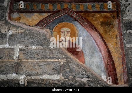 Faccia di un santo barbuto nella cornice di mandorla. Dettaglio dall'affresco medievale nel chiostro dell'Abbazia di Piona a Colico, Lombardia, Italia. Foto Stock