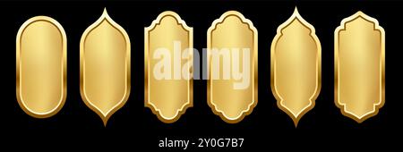 Set di illustrazioni vettoriali per le finestre e gli archi della moschea islamica. Collezione astratta isolata di cornici dorate in forme diverse su sfondo nero Illustrazione Vettoriale