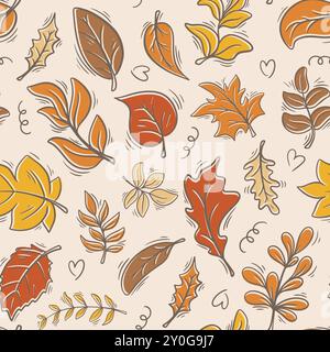 Colorato motivo autunnale senza cuciture con fogliame asciutto che cade. Accogliente atmosfera autunnale. Vengono stampate foglie multicolore di alberi diversi Illustrazione Vettoriale