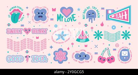 Adesivi retrò. Sorriso emoji. Icone pop art alla moda o elementi del design moderno anni '70. Emoticon anno 2000. Lingua della bocca. Badge facciali. Etichette astratte. Lettere motivazionali. Set di patch grafiche vettoriali Illustrazione Vettoriale