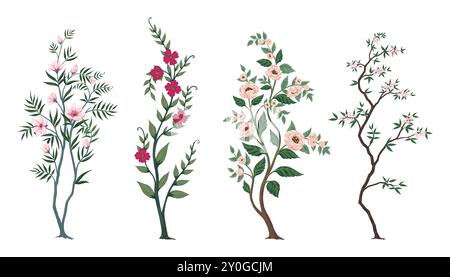 Rami di alberi di fiori. Rose Peony Cherry e sakura. Elementi decorativi isolati con foglie estive e fiori. Matrimonio natura elegante design rustico. Oggetto poster floreale. Serie di illustrazioni vettoriali Illustrazione Vettoriale