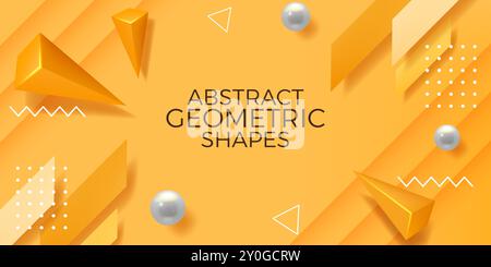 Sfondo giallo astratto. Pattern geometrico poligono 3D con forme grafiche di tecnologia moderna. Rendering di piramidi e sfere. Cifre geometriche minime. Zigzag e puntini. Banner di presentazione vettoriale Illustrazione Vettoriale