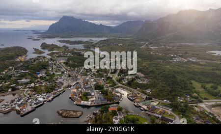Prospettiva aerea di Kabelvag Isole Lofoten, Norvegia Foto Stock