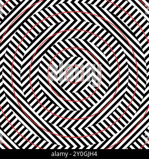 Strisce diagonali bianche e nere con cerchi concentrici rossi che creano un'affascinante illusione ottica Illustrazione Vettoriale