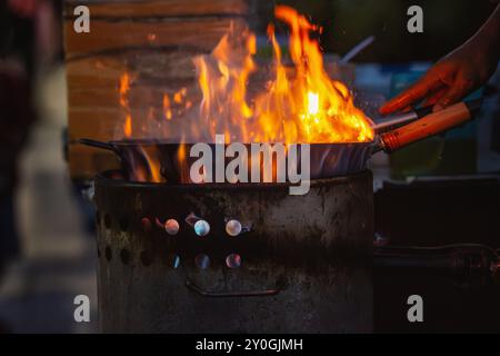 Cucina all'aperto con grandi fiamme in pentola metallica. Foto Stock