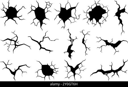 Set di incrinature a secco smerigliate. Spaccatura nera isolata con foro. Elementi di danno, superficie fratturata. Spaccature diverse dopo il terremoto, vettore neoterico Illustrazione Vettoriale