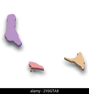 Mappa colorata isometrica 3d delle Comore con bordi delle regioni Illustrazione Vettoriale