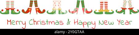 Striscione di piedi di elfo natalizio. I piedi nani indossano calzini a righe e scarpe e stivali carini. Gambe pose diverse, vacanze invernali innevate sfondo vettoriale Illustrazione Vettoriale