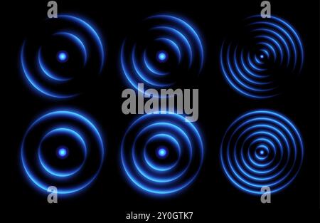 Effetto luce a onde soniche, icone del segnale di rete wireless, concetto di scansione luminoso. Illustrazione Vettoriale