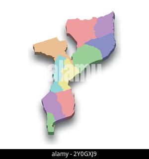 Mappa isometrica colorata 3d del Mozambico con i confini delle regioni Illustrazione Vettoriale