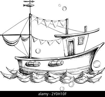 Barca da pesca a vela con ghirlande di bandiere che galleggiano sulle onde del mare con le bolle. Grafica grafica disegnata a mano in bianco e nero monocromatico. Marino Illustrazione Vettoriale