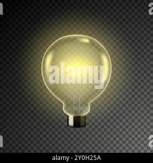Lampadina trasparente realistica che illumina la luce gialla isolata su sfondo trasparente. Illustrazione vettoriale. Illustrazione Vettoriale