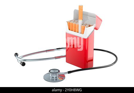 Malattie respiratorie e polmonari dal fumo, concetto. Confezione di sigarette con stetoscopio. Rendering 3D isolato su sfondo bianco Foto Stock