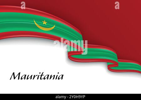 Nastro ondulato con bandiera della Mauritania. Modello per la progettazione del poster del giorno indipendenza Illustrazione Vettoriale