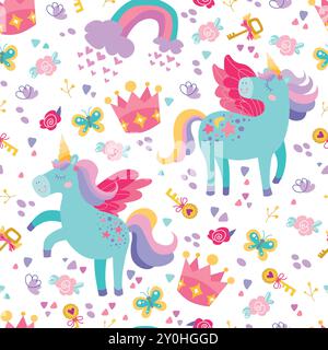Simpatico motivo unicorno senza cuciture. Animale fantasy vettoriale - Unicorno magico. Decorazioni colorate per bambini in stile piatto. Ottimo per tessuti, tessuti, articoli da regalo, pareti Illustrazione Vettoriale