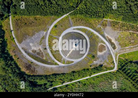 Luftbild, Halde Rheinelbe im Waldgebiet mit Skulptur Himmelstreppe, Senkrechtaufnahme, Ückendorf, Gelsenkirchen, Ruhrgebiet, Nordrhein-Westfalen, Deutschland ACHTUNGxMINDESTHONORARx60xEURO *** Vista aerea, cumulo di scorie del Rheinelbe nella zona forestale con scultura Himmelstreppe, tiro verticale, Ückendorf, Gelsenkirchen, zona della Ruhr, Renania settentrionale-Vestfalia, Germania ACHTUNGxMINDESTHONORARx60xEURO Foto Stock