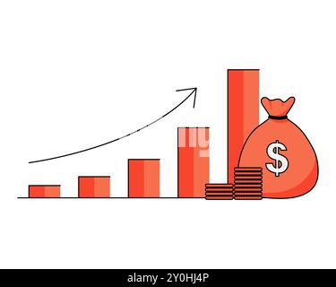 Crescita finanziaria. Un istogramma con barre ascendenti e una freccia verso l'alto, che simboleggia l'aumento dei profitti o del successo. Borsa dei soldi con il simbolo del dollaro e la piega Illustrazione Vettoriale