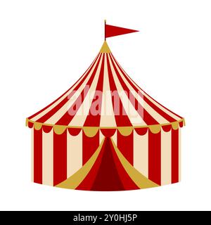 Tenda circo isolata. Una classica tenda da circo con strisce rosse e bianche, sormontata da una piccola bandiera rossa. Design di un ambiente da circo tradizionale. Illustrazione Vettoriale