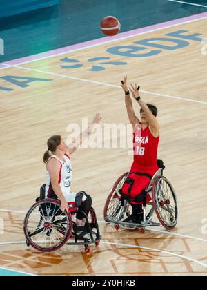 Parigi, Francia. 2 settembre 2024. Paralimpiadi, Parigi 2024, pallacanestro su sedia a rotelle femminile, gruppo B, Giappone - USA, tiro a segno Chihiro Kitada, Bercy Arena, . Crediti: Jacques Julien / Alamy Live News Foto Stock