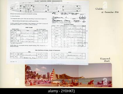 Foto panoramiche di Diamond Head e Waikiki Beach, dicembre 1973, insieme a un foglio di assegnazione dell'equipaggio del servizio di volo Pan Airlines, USA Foto Stock