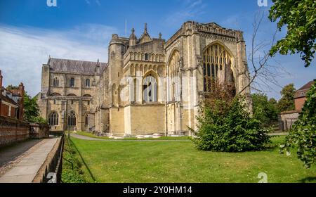 Splendida vista della cattedrale di Winchester con architettura gotica circondata da vegetazione lussureggiante in una giornata di sole. Foto Stock