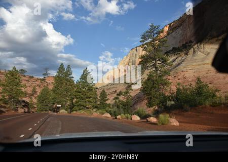 Springdale, Utah. STATI UNITI 8/13/2024. Il Virgin River del Parco Nazionale di Zion ha intagliato la maestosità lungo 15 km, il Canyon di Zion, con scogliere di colore rossastro e marrone. Abbondanza Foto Stock