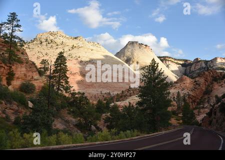 Springdale, Utah. STATI UNITI 8/13/2024. Il Virgin River del Parco Nazionale di Zion ha intagliato la maestosità lungo 15 km, il Canyon di Zion, con scogliere di colore rossastro e marrone. Abbondanza Foto Stock