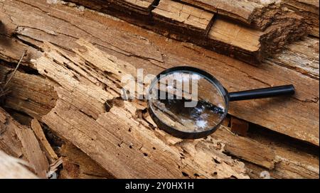 Una lente d'ingrandimento su un vecchio albero caduto in rovina - per un esame dettagliato della causa della distruzione Foto Stock