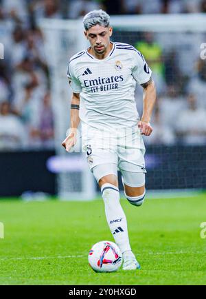 Madrid, Germania. 1 settembre 2024. Fussball la Liga 4. Spieltag Real Madrid - Real Betis Siviglia am 01.09.2024 im Estadio Santiago Bernabeu a Madrid Federico fede Valverde ( Madrid ) foto: Revierfoto credito: ddp media GmbH/Alamy Live News Foto Stock