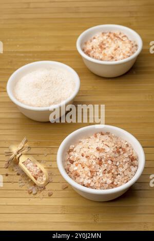 Uno studio fotografico ravvicinato di sale marino himalayano rosa a grana grossa e fine con una paletta di legno sul lato Foto Stock