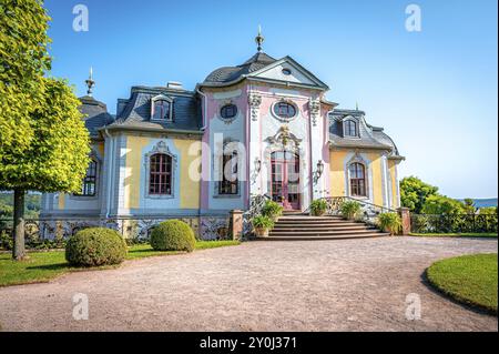 Il castello rococò dei Castelli di Dornburg con giardini ben curati, circondato da alberi verdi sotto un cielo azzurro, Dornburg-Camburg, Turingia, GE Foto Stock