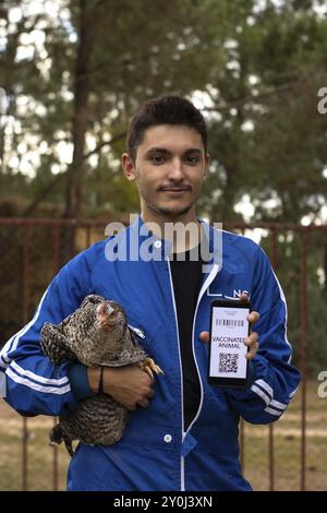 Ritratto di un veterinario che mostra il certificato di vaccinazione di un pollo su un telefono cellulare. Verticale verticale Foto Stock