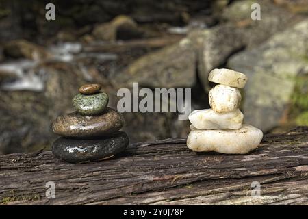 Due pile di pietre più scure e più chiare sulla cima di un tronco caduto nell'Idaho settentrionale Foto Stock