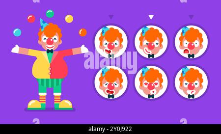 Clown felici in diverse emozioni, allegro clown luminoso con vestiti colorati e naso rosso, giocoleria in aria, sorridere, sorridere, sorprendere, ammirare Illustrazione Vettoriale