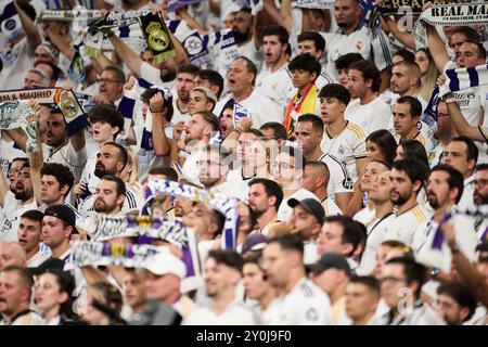 Madrid, Spagna. 3 settembre 2024. MADRID, SPAGNA - 1 SETTEMBRE: Tifosi del Real Madrid durante la partita LaLiga EA Sports tra Real Madrid e Real Betis allo stadio Santiago Bernabeu il 1° settembre 2024 a Madrid, Spagna. (Foto di Francisco Macia/Photo Players Images/Magara Press) crediti: Magara Press SL/Alamy Live News Foto Stock