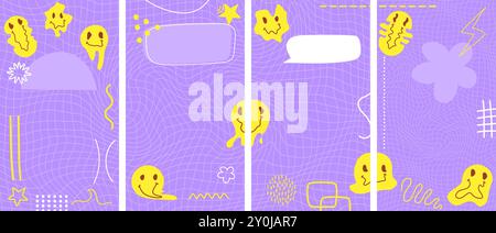 Set di modelli di storia ACID y2k viola fuso sorrisi. Illustrazione Vettoriale