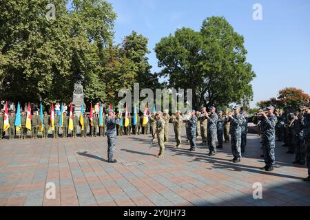 Odessa, Ucraina. 2 settembre 2024. L'Orchestra della Marina Ucraina suona in piazza Birzhevaya durante l'evento. Una cerimonia solenne per il giorno della città di Odessa si è tenuta vicino al Consiglio comunale in Piazza Birzhova. Credito: SOPA Images Limited/Alamy Live News Foto Stock