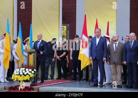 Odessa, Ucraina. 2 settembre 2024. Il sindaco di Odessa Gennadiy Trukhanov parla al pubblico durante l'evento. Una cerimonia solenne per il giorno della città di Odessa si è tenuta vicino al Consiglio comunale in Piazza Birzhova. Credito: SOPA Images Limited/Alamy Live News Foto Stock