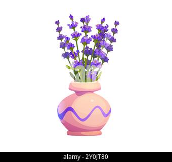 Fiori di lavanda disposti in un vaso rosa lucido decorativo con motivo a onde viola. La disposizione vettoriale isolata dei cartoni animati di vivaci fiori viola conferisce un tocco primaverile all'arredamento della casa Illustrazione Vettoriale