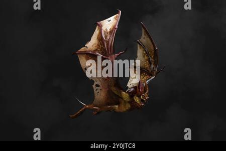 Illustrazione 3d di Flying Vampire bat isolata su sfondo scuro con percorso di ritaglio. Foto Stock