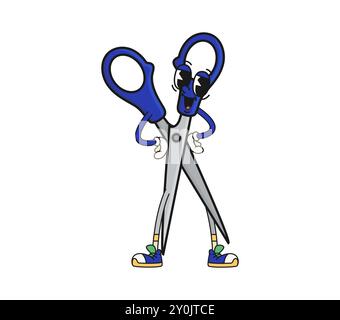Il personaggio della scuola delle forbici da cartoni animati trasuda vibrazioni retrò con un vivace colore blu e un'espressione allegra. La cancelleria vettoriale isolata, il personale educativo è in posa sicura e sorridente Illustrazione Vettoriale