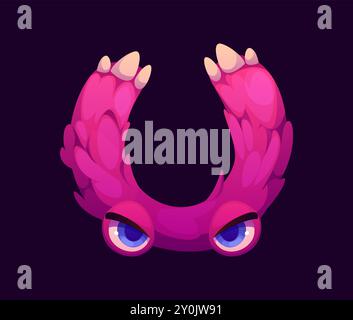 Font Letter U Halloween, cartoni animati malvagi, divertente carattere spaventoso, lettera maiuscola dell'alfabeto spettrale come un mostro peloso rosa con artigli e occhi blu. Carino animale peloso isolato del vettore, carattere latino abc Illustrazione Vettoriale