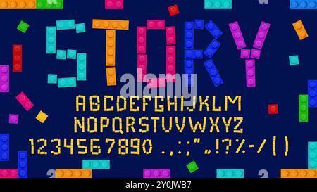Carattere blocco mattoni o tipo di gioco per i caratteri dei bambini, lettere dell'alfabeto inglese vettoriale. I blocchi di plastica per bambini o i mattoni da costruzione sono un giocattolo per la tipografia dei cartoni animati e il tipo di carattere colorato dei giochi Illustrazione Vettoriale